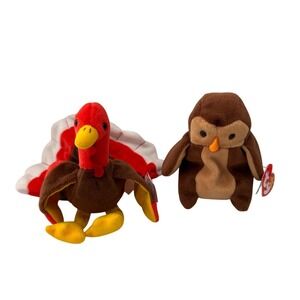 Vintage Ty Beanie Babies Gobbles Turkey & Hoot Owl Plush Bundle 1995‎ Halloween